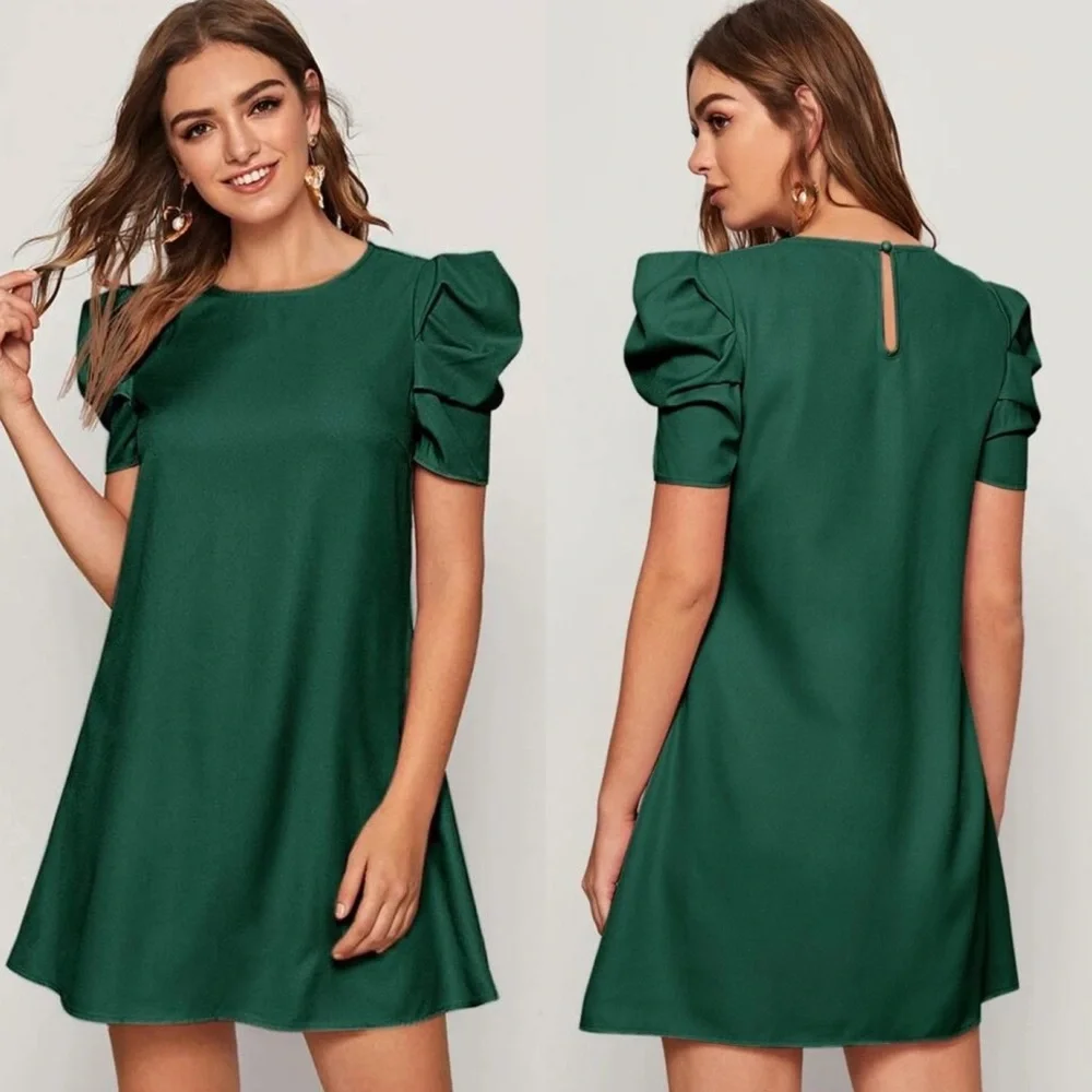 Puff sleeve babydoll shift dress keyhole cutout back short tunic green - Picture 2 of 8